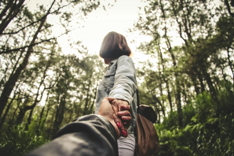 person holding hands with another person in a forest