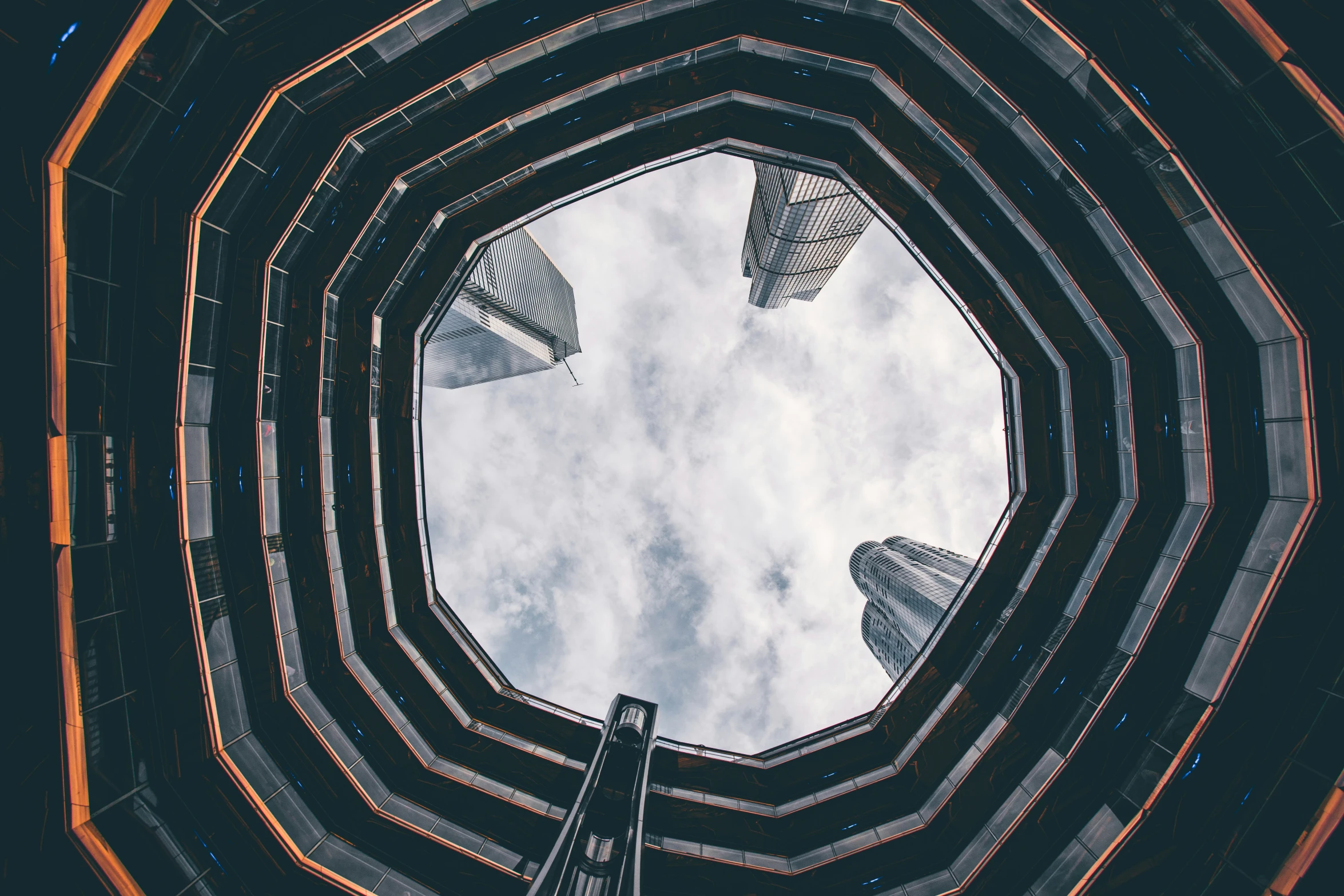 looking up at a metal structure from below