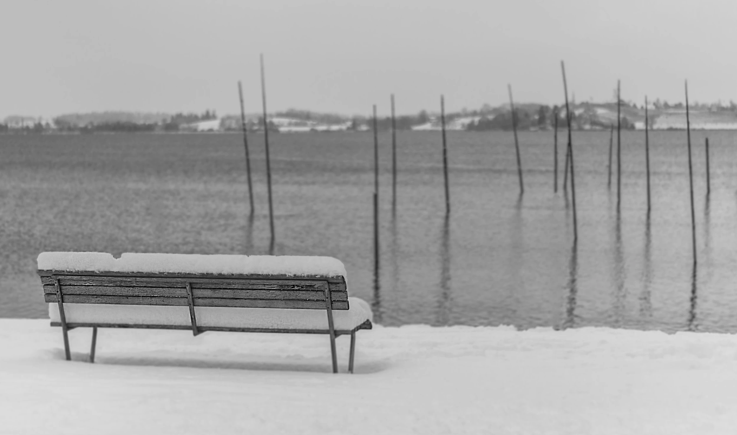 a park bench sitting next to a lake