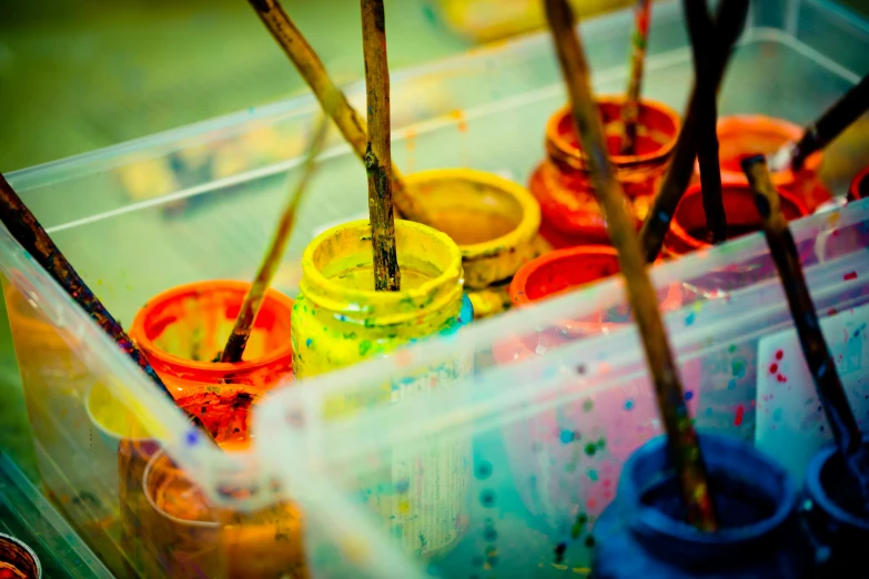 a box filled with lots of paint next to a plant