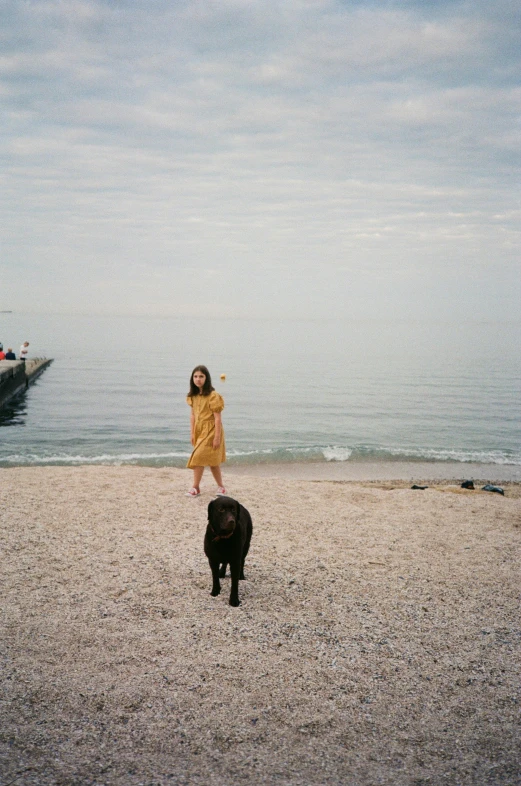 there is a woman and a dog on the beach