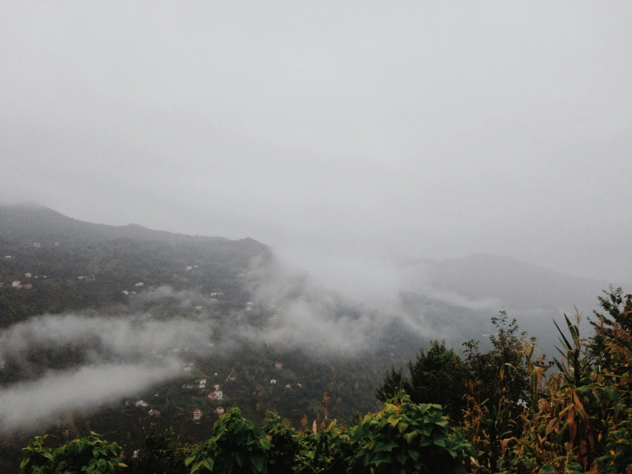 fog hanging down and coming into the valley below