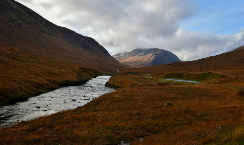 a stream is moving through a grassy plain