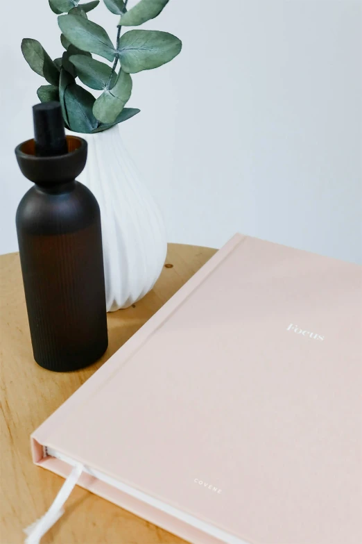 a book on the table next to a plant