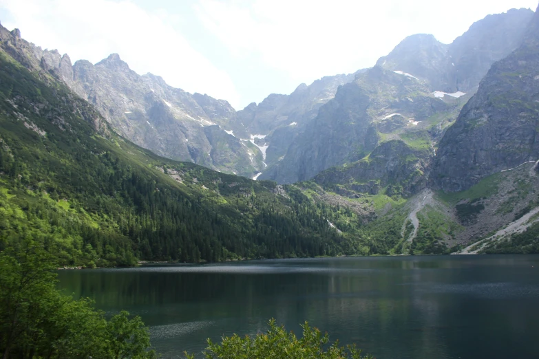 the water is placid and calm in the middle of the mountain