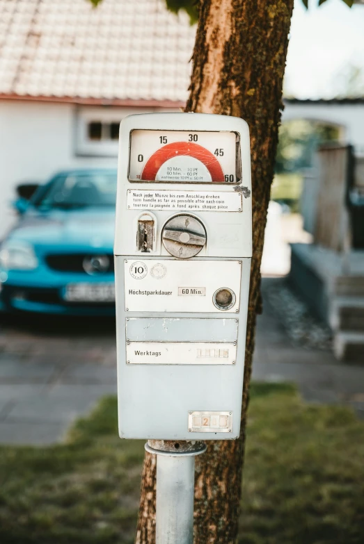 a white parking meter sitting next to a tree