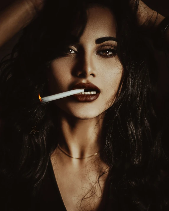 a woman is smoking a cigarette while looking to her left