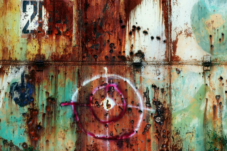 graffiti on rusted metal wall with one eye missing