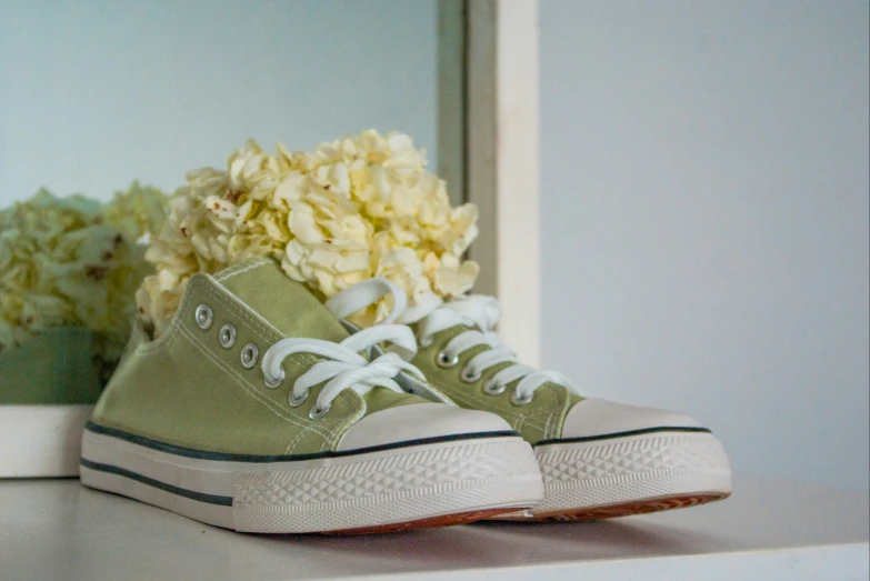 there is a pair of green sneakers that have flowers on them