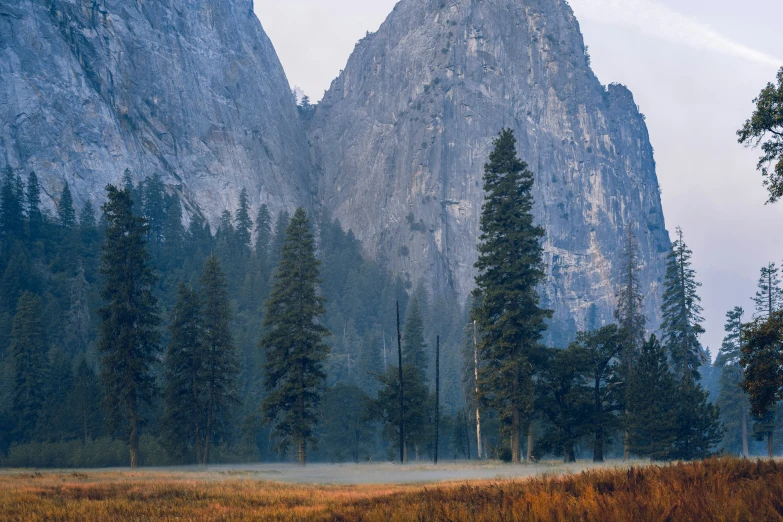 two mountains are shown in the background and a valley surrounded by evergreen trees