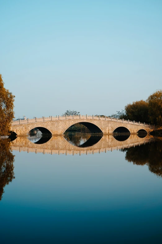 a bridge crosses a body of water with trees in the distance