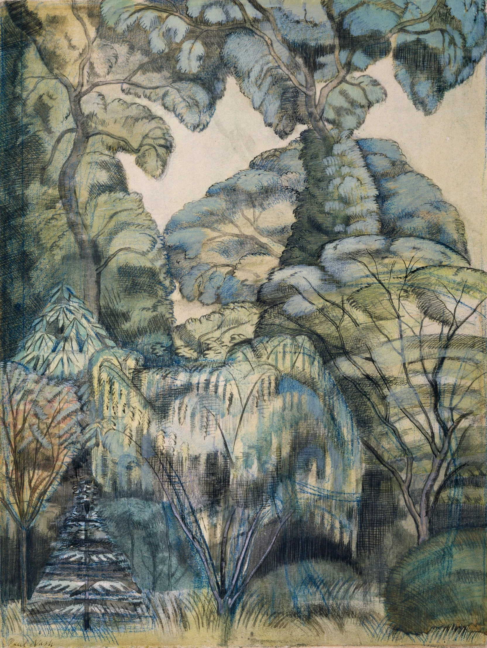 an artistic drawing of a landscape with a large mountain range