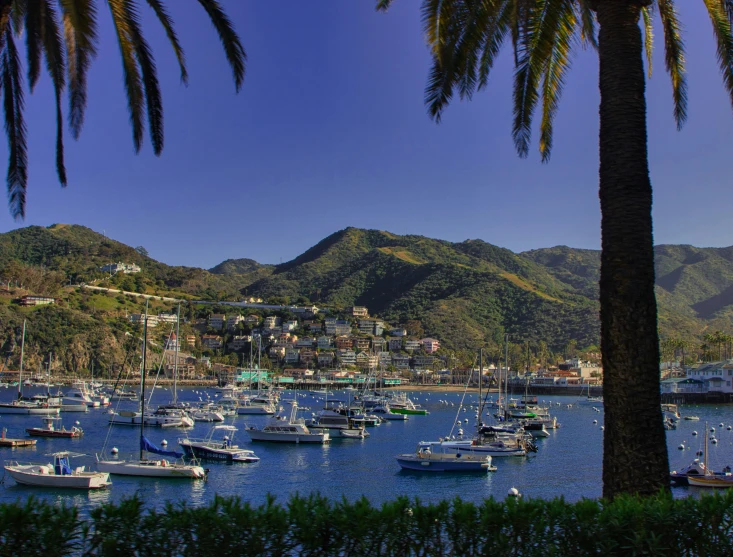 a group of boats floating on top of a blue water covered hillside