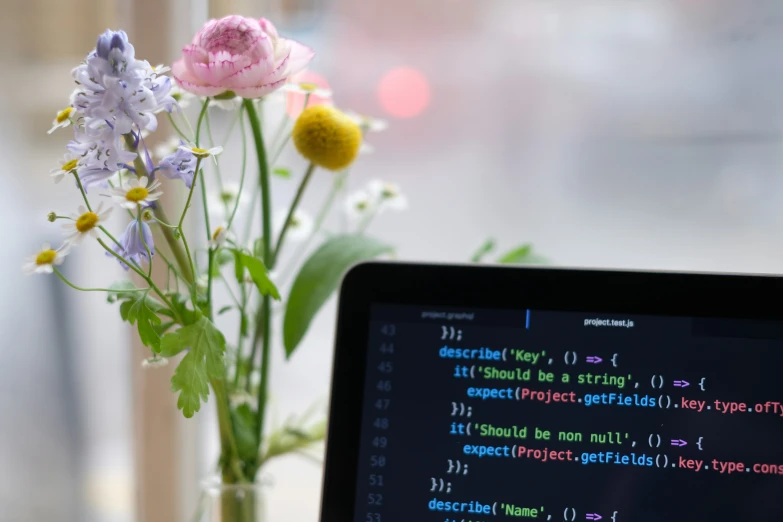 vase of flowers near a laptop computer with programming written on it