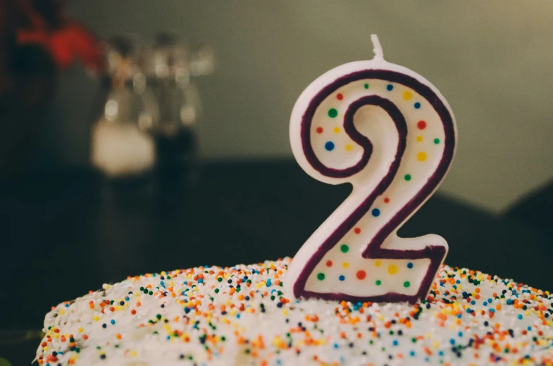 a small birthday cake with two candles and sprinkles