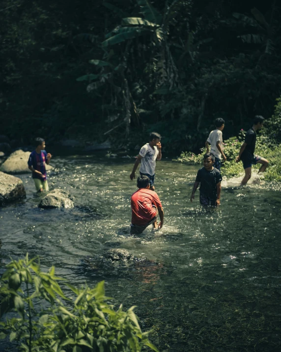 five boys crossing a stream in the woods