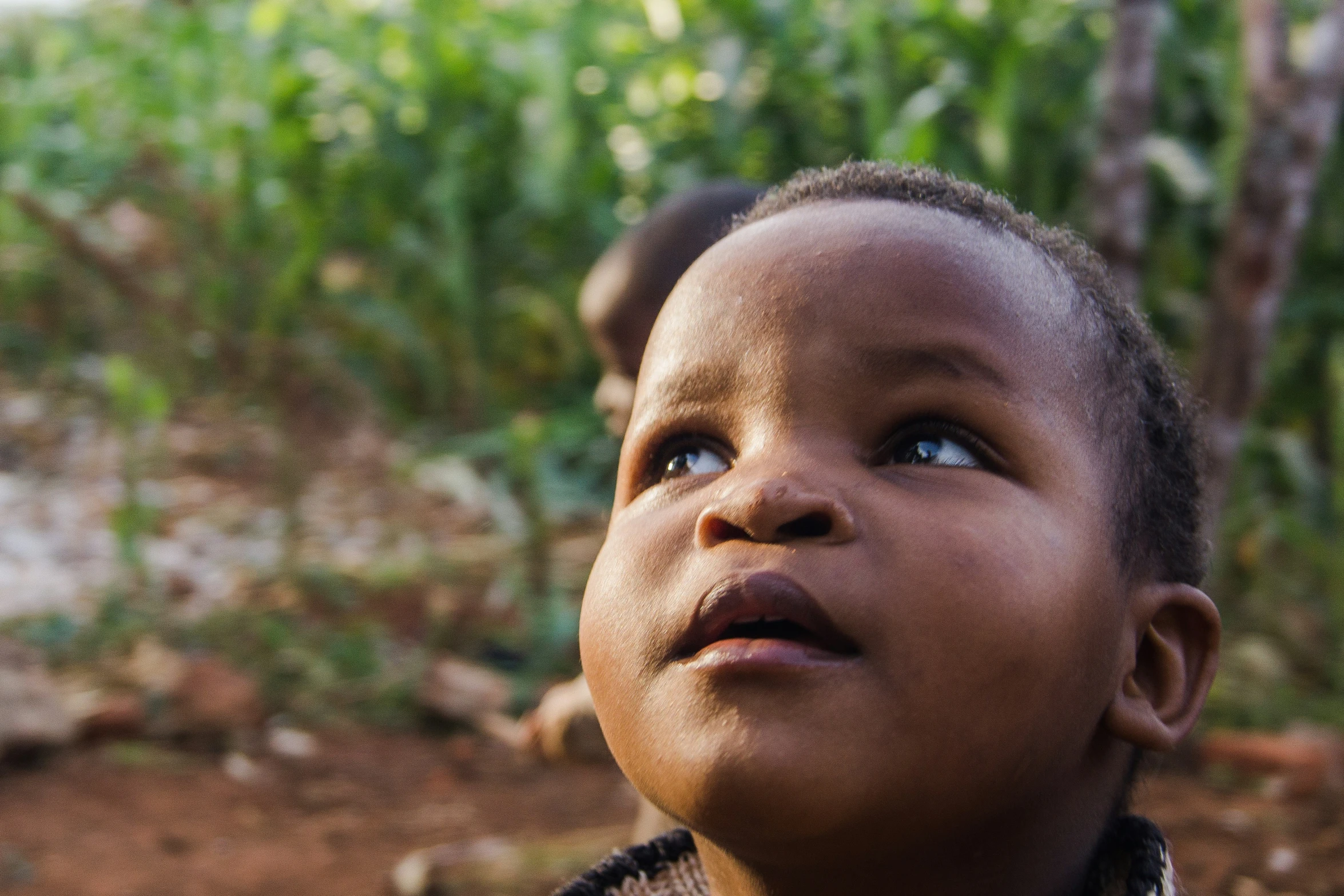 the little boy is standing in the dirt near a bush