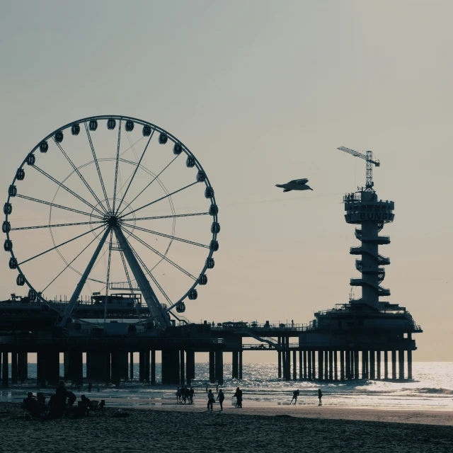 the ferris wheel sits beside a pier and sea