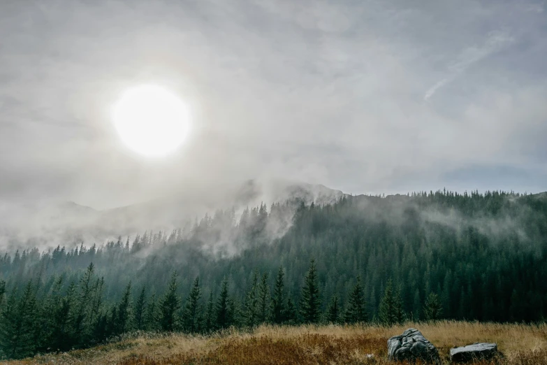 the sun is shining brightly in front of a mountain scene