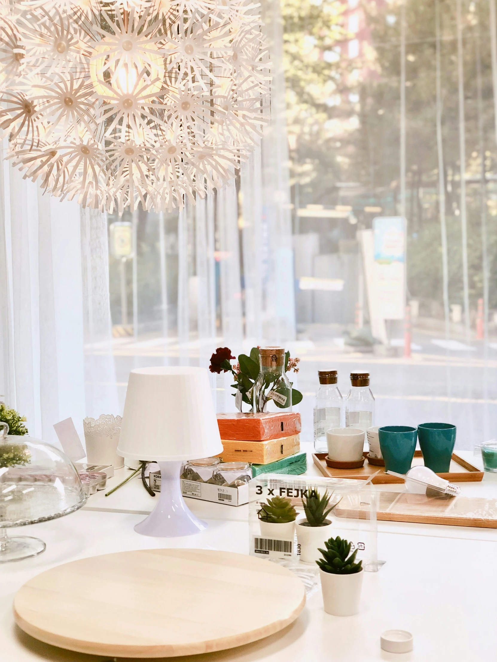 a table that has various objects around it