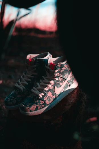 an old nike sneaker sitting in the dark with a painted back
