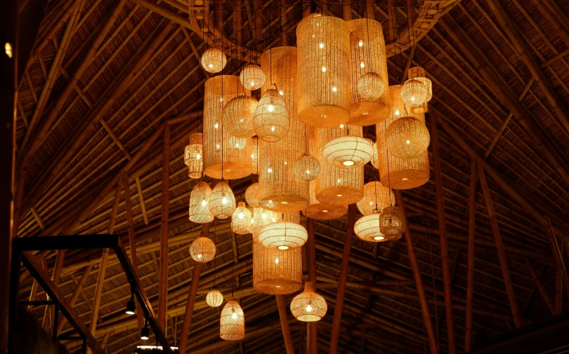 a ceiling with a chandelier full of light balls