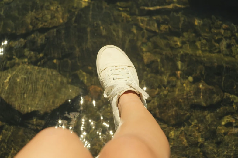 the feet of a persons standing in shallow water