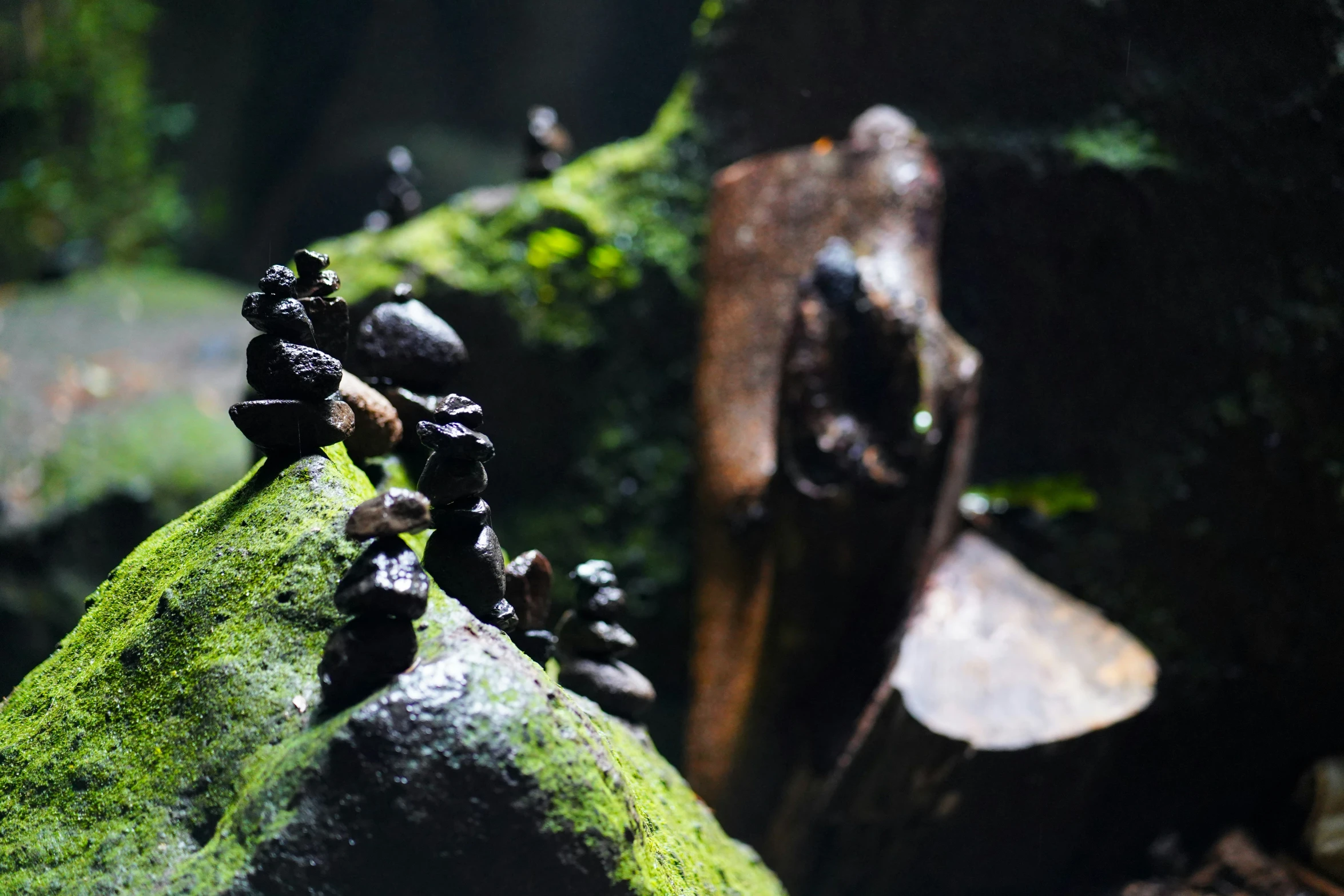 a small collection of little toy figurines on top of a mossy rock