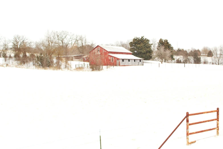 a barn and gate on a snowy farm