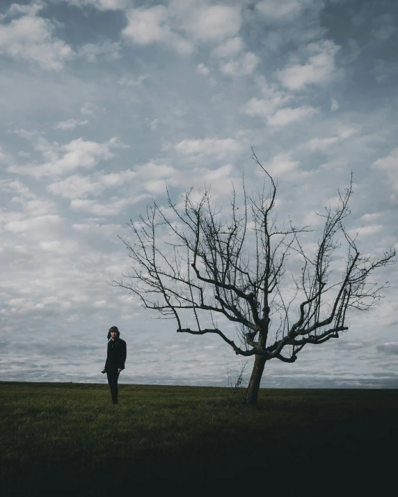 a person standing in front of a tree under a cloudy sky