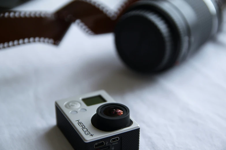 a camera and lens on a table