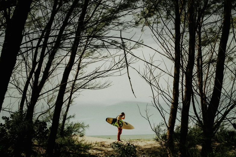 a person standing in the woods holding a surfboard