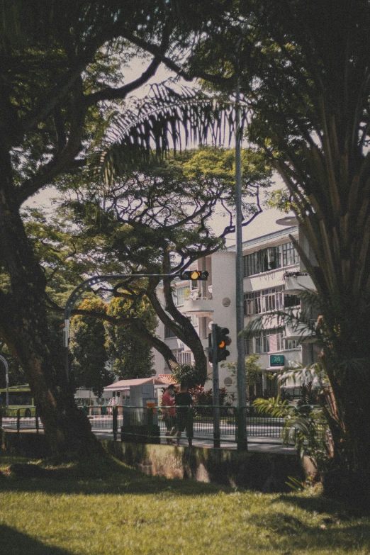 a large green field near tall buildings