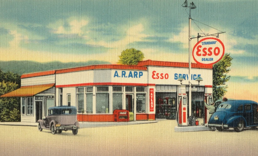 painting of vintage gas station by a car