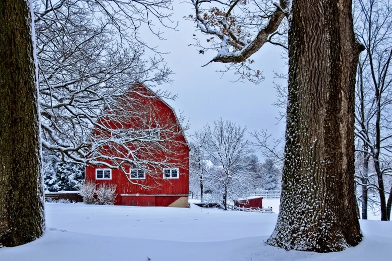 a large red barn and trees with snow on them