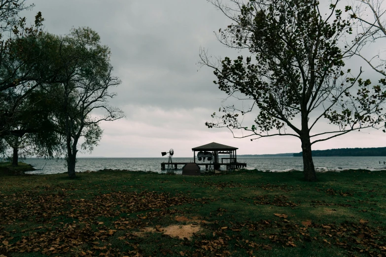 the picnic table is next to trees on the shore