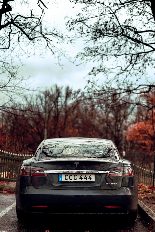 a gray car parked on a street next to trees