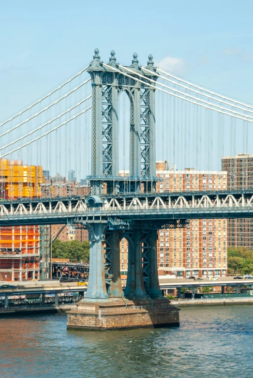 a bridge that crosses over a river with lots of tall buildings