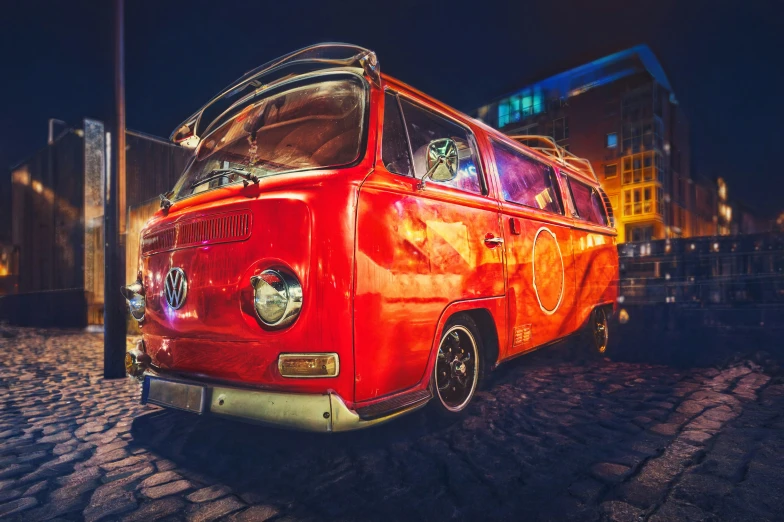 the vw bus is bright and has been modified
