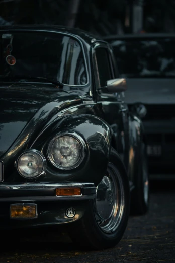 a closeup of an old black bug sits in the dark