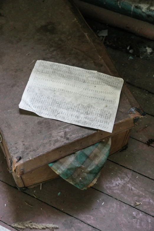 an old luggage with papers on it and sheets of paper