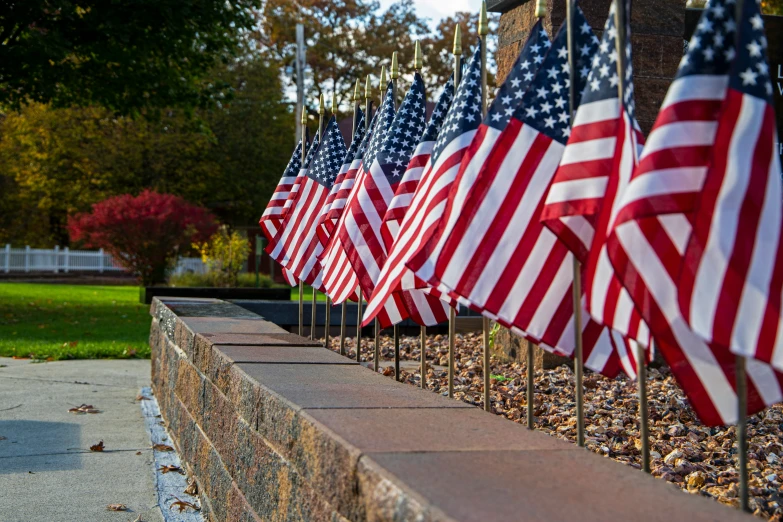 several american flags lined up next to a wall
