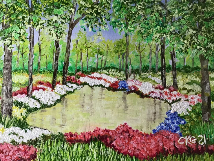 a painting with flowers and trees on it