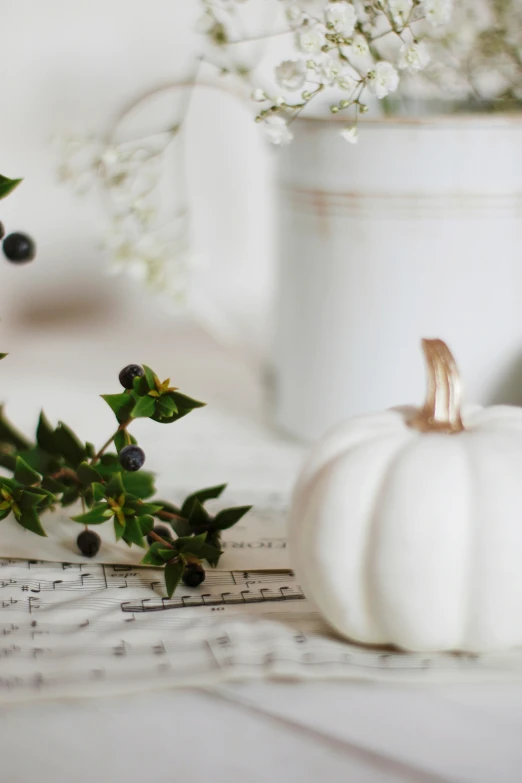 a white pumpkin and flowers on music sheets