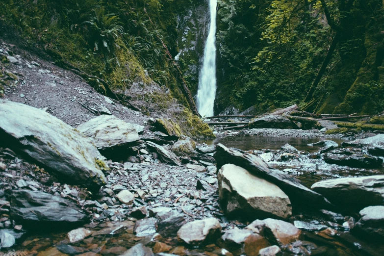 a small waterfall near rocks in the forest