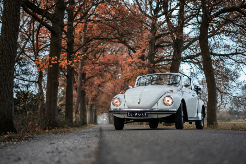 a white car is sitting on a street near some trees