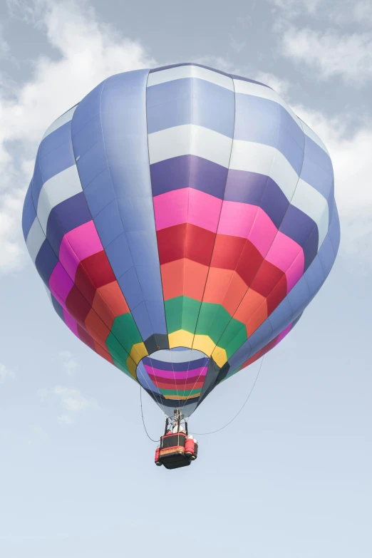 people are flying in a colorful  air balloon