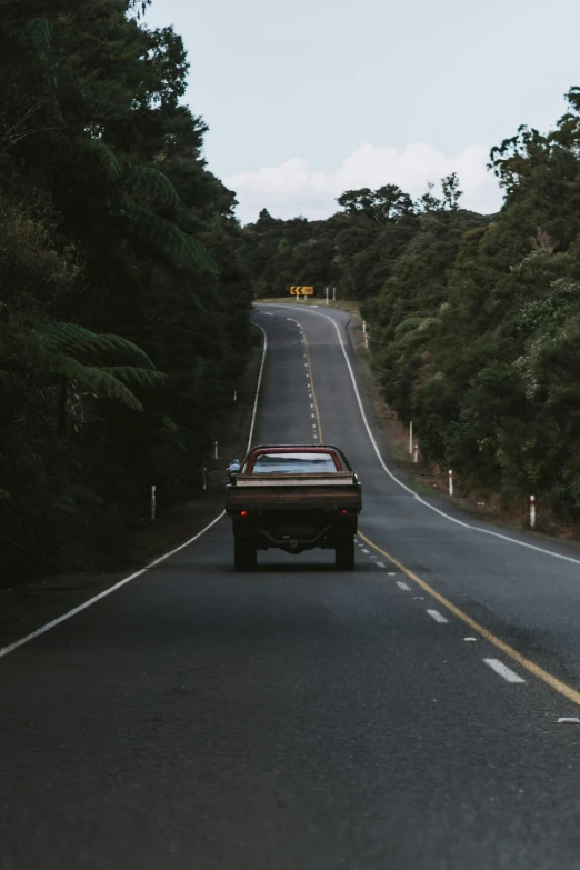 a car is driving down the road near many trees