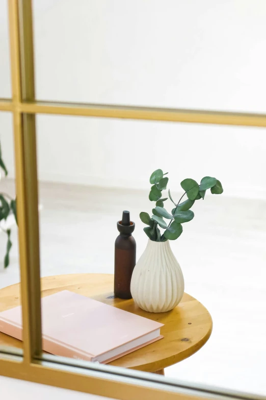 some plants and bottles sit on the edge of the table