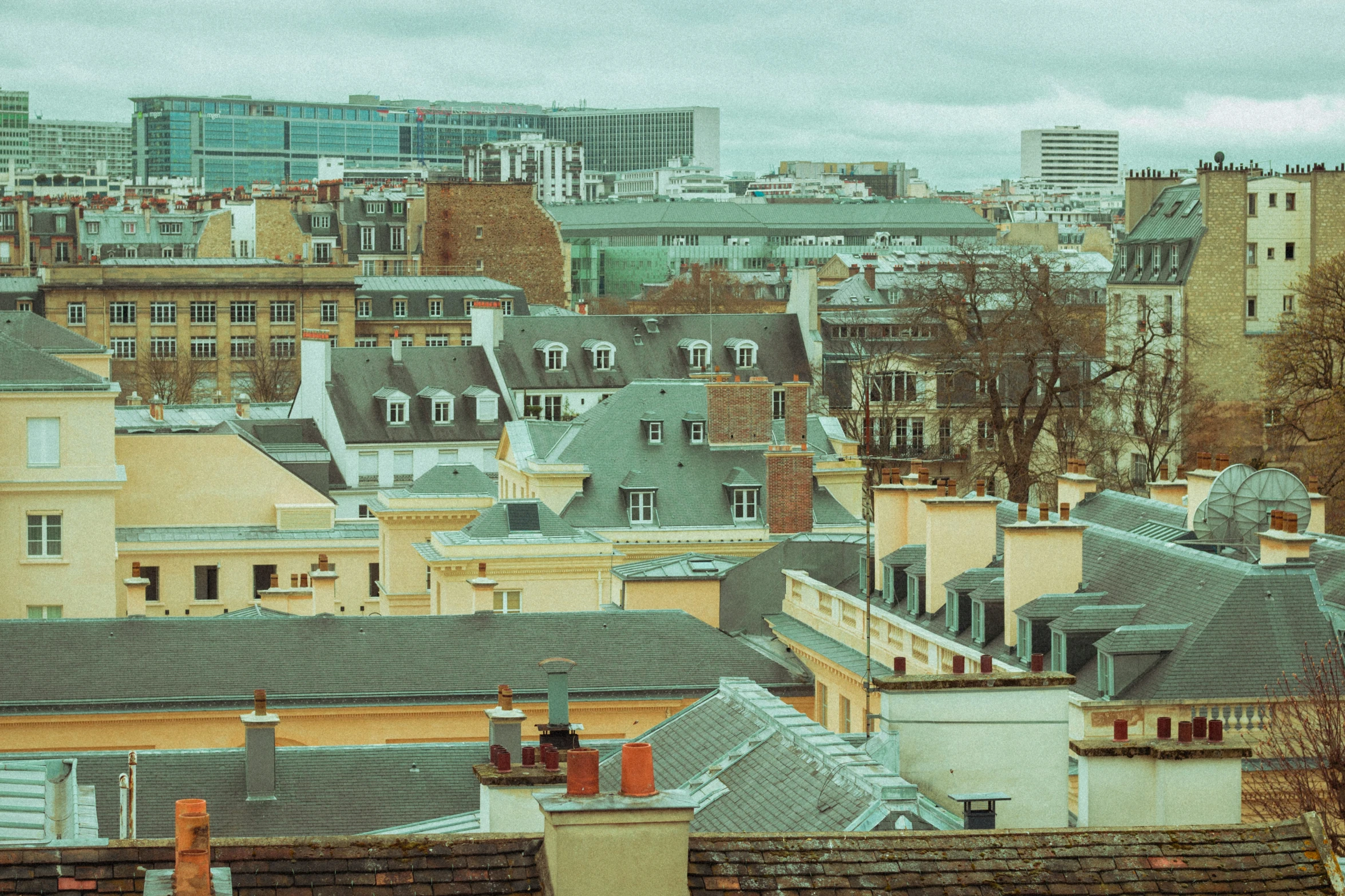 a number of houses with the skyline in the background